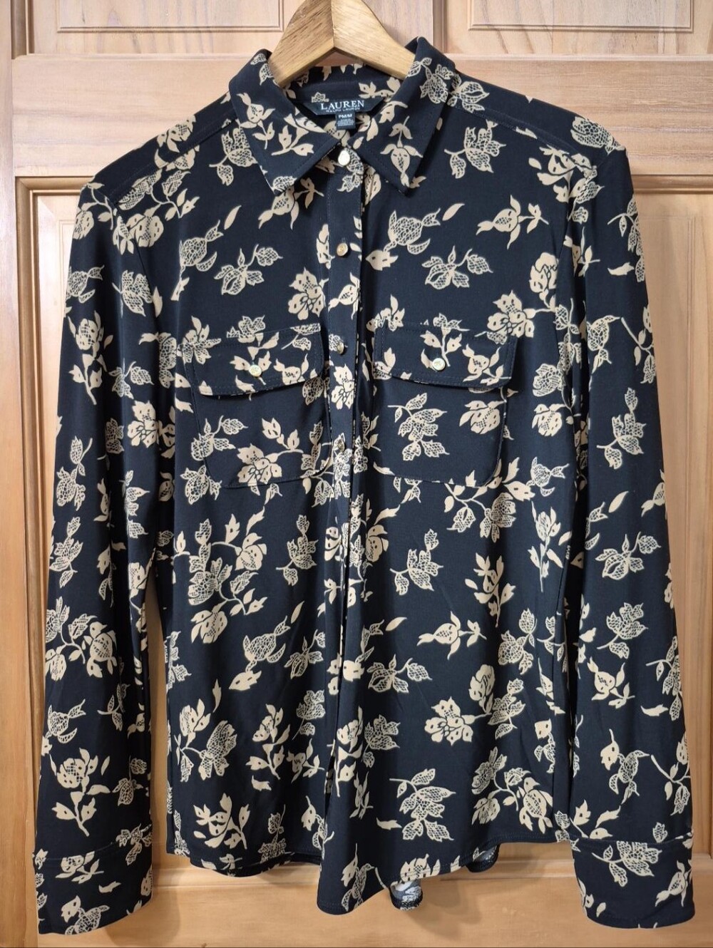 Lauren Ralph Lauren Black Floral Blouse Botanical Print 4 Pocket Stretch PM/M